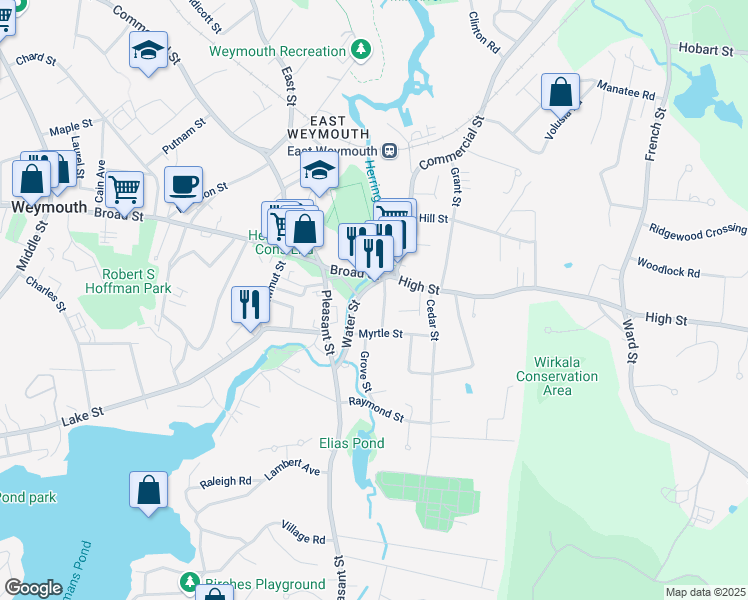 map of restaurants, bars, coffee shops, grocery stores, and more near 1439 Commercial Street in Weymouth