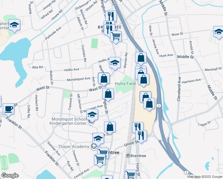 map of restaurants, bars, coffee shops, grocery stores, and more near 550 Washington Street in Braintree