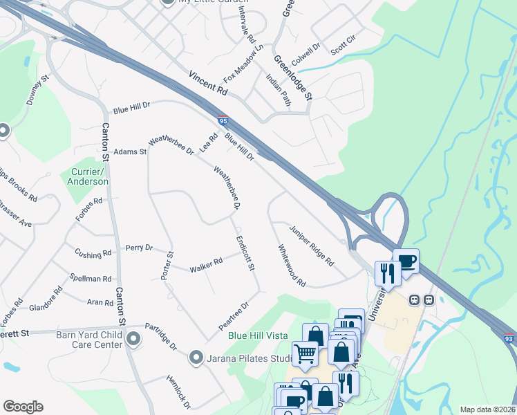 map of restaurants, bars, coffee shops, grocery stores, and more near 28 Whitewood Road in Westwood