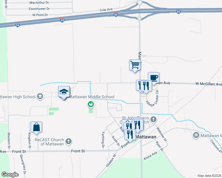 map of restaurants, bars, coffee shops, grocery stores, and more near 56193 Murray Street in Mattawan