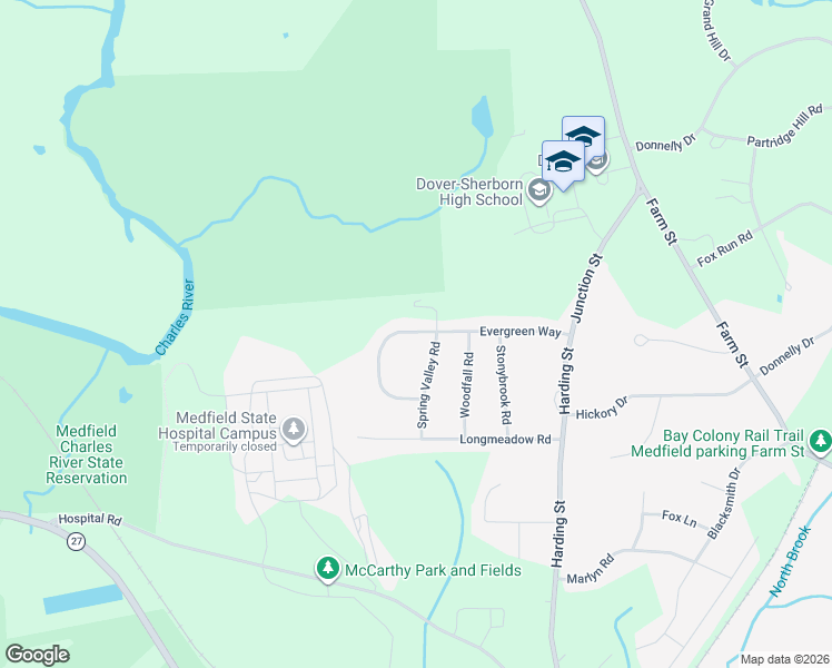 map of restaurants, bars, coffee shops, grocery stores, and more near 27 Evergreen Way in Medfield