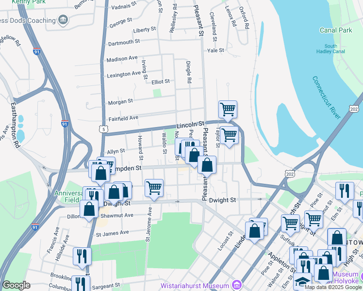 map of restaurants, bars, coffee shops, grocery stores, and more near 46 Allyn St in Holyoke