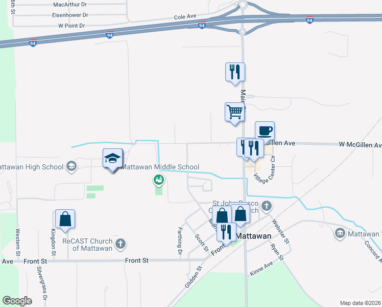 map of restaurants, bars, coffee shops, grocery stores, and more near 56193 Murray Street in Mattawan