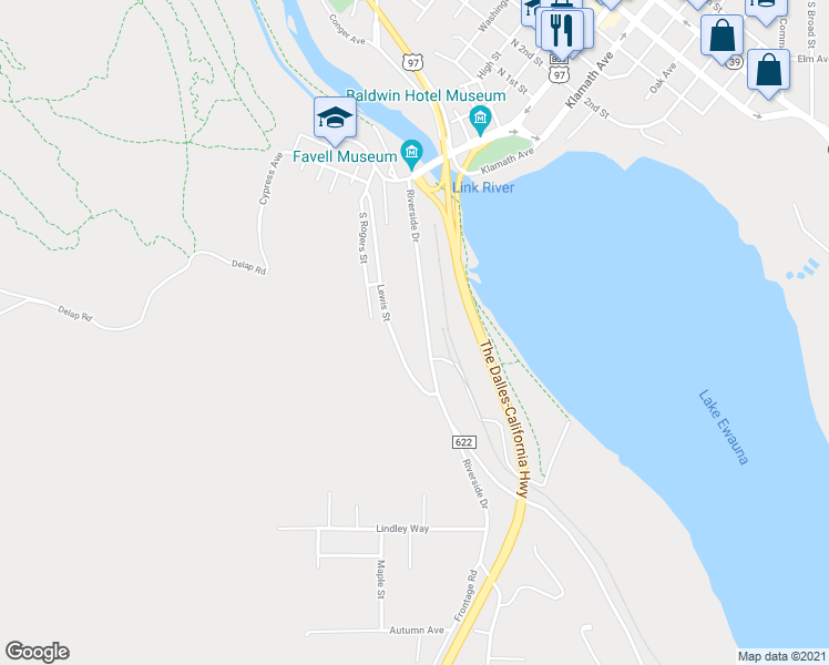 map of restaurants, bars, coffee shops, grocery stores, and more near 570 Riverside Drive in Klamath Falls