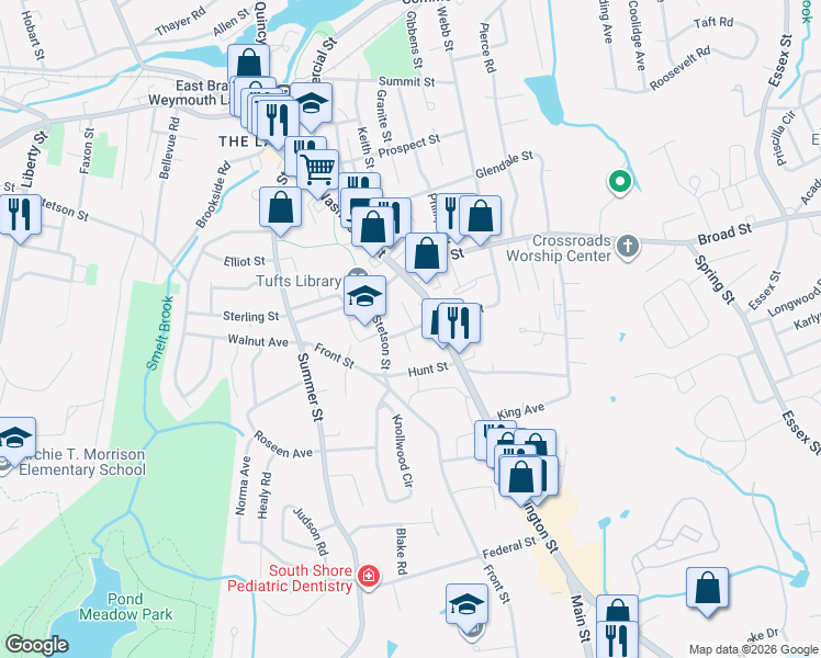 map of restaurants, bars, coffee shops, grocery stores, and more near 30 Common Street in Weymouth