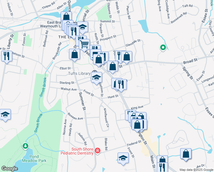 map of restaurants, bars, coffee shops, grocery stores, and more near 30 Common Street in Weymouth