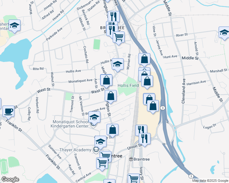 map of restaurants, bars, coffee shops, grocery stores, and more near 550 Washington Street in Braintree