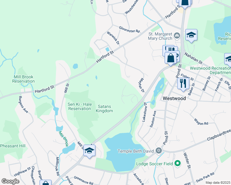 map of restaurants, bars, coffee shops, grocery stores, and more near 5 Highland Glen Road in Westwood