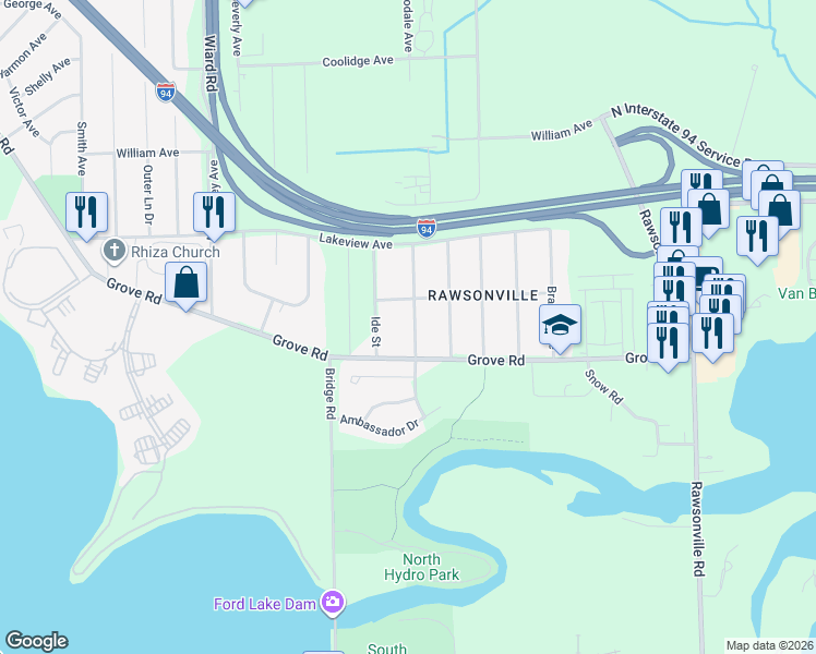 map of restaurants, bars, coffee shops, grocery stores, and more near 2150 Woodale Avenue in Ypsilanti