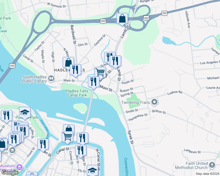 map of restaurants, bars, coffee shops, grocery stores, and more near 126 Main Street in South Hadley