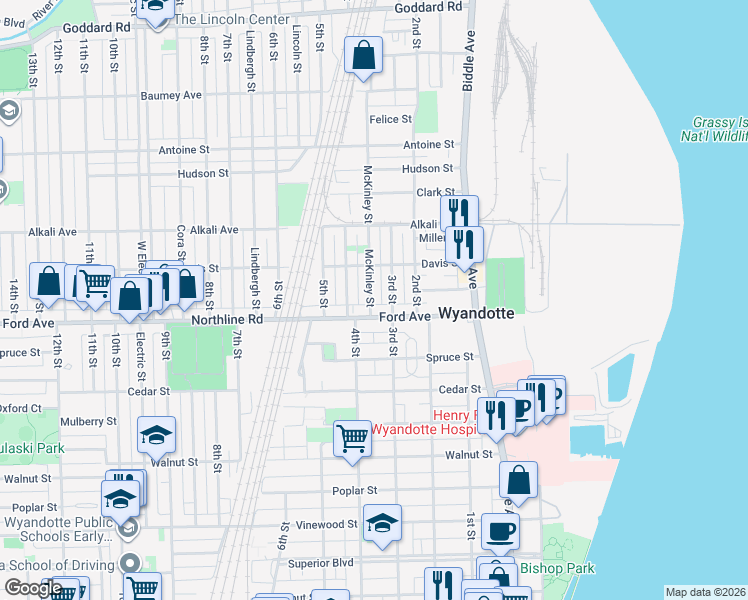 map of restaurants, bars, coffee shops, grocery stores, and more near 1875 McKinley Street in Wyandotte