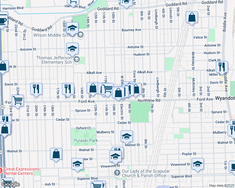 map of restaurants, bars, coffee shops, grocery stores, and more near 1872 Electric Street in Wyandotte
