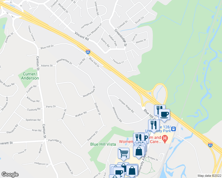 map of restaurants, bars, coffee shops, grocery stores, and more near 28 Whitewood Road in Westwood