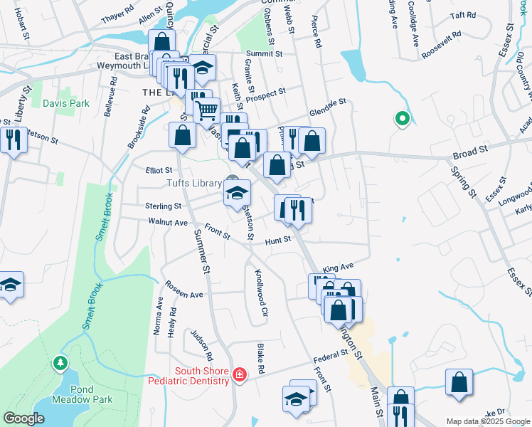 map of restaurants, bars, coffee shops, grocery stores, and more near 30 Common Street in Weymouth