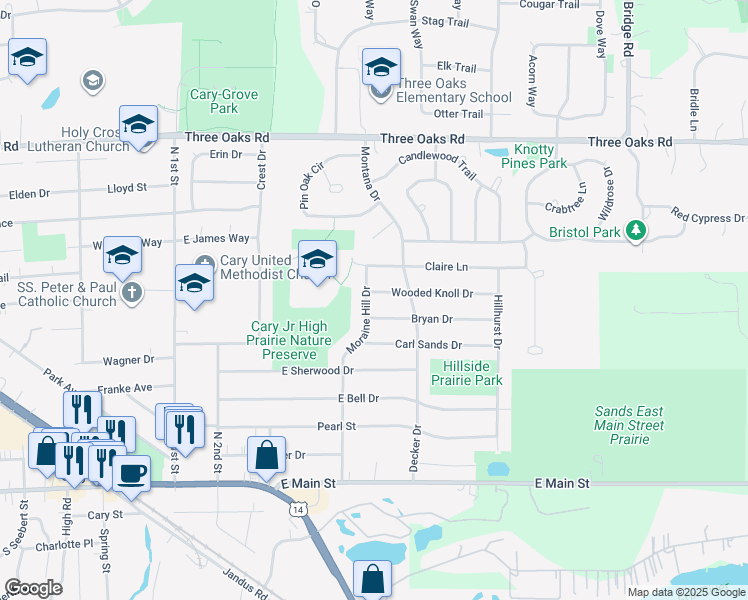 map of restaurants, bars, coffee shops, grocery stores, and more near 311 Wooded Knoll Drive in Cary