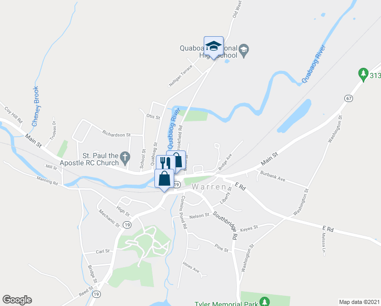 map of restaurants, bars, coffee shops, grocery stores, and more near 54 Bacon Street in Warren