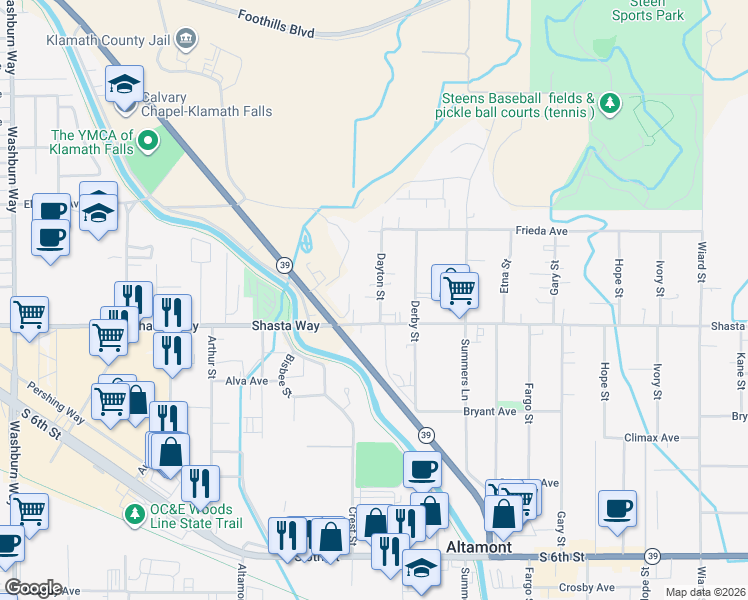 map of restaurants, bars, coffee shops, grocery stores, and more near 1622 Dayton Street in Klamath Falls