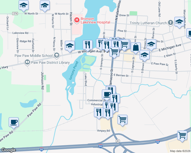 map of restaurants, bars, coffee shops, grocery stores, and more near 129 Tulip Street in Paw Paw