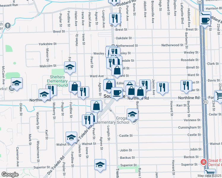 map of restaurants, bars, coffee shops, grocery stores, and more near in Southgate