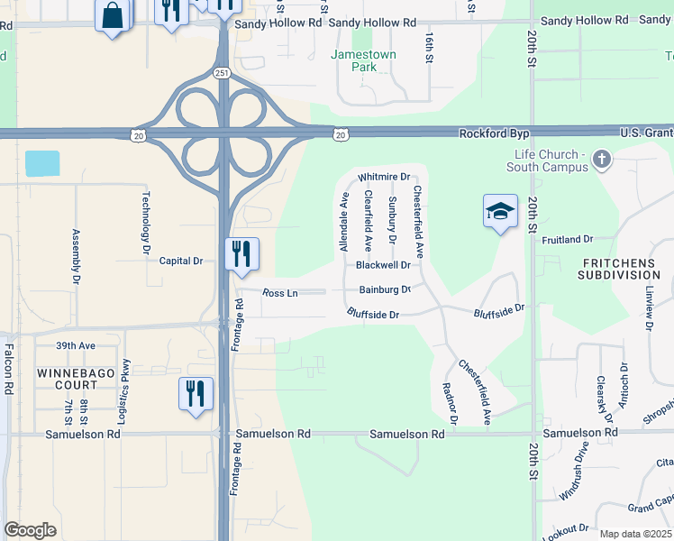 map of restaurants, bars, coffee shops, grocery stores, and more near 4511 Allendale Avenue in Rockford