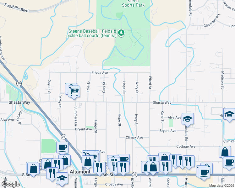 map of restaurants, bars, coffee shops, grocery stores, and more near 4545 Shasta Way in Klamath Falls