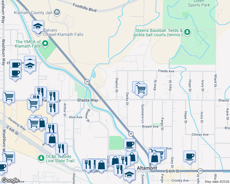 map of restaurants, bars, coffee shops, grocery stores, and more near 1622 Dayton Street in Klamath Falls