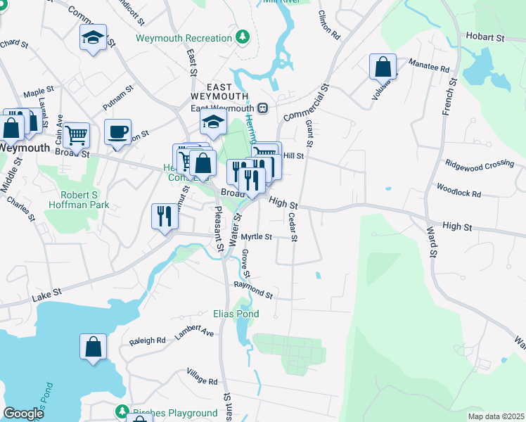 map of restaurants, bars, coffee shops, grocery stores, and more near 1439 Commercial Street in Weymouth