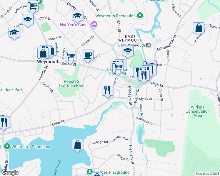map of restaurants, bars, coffee shops, grocery stores, and more near 48 Shawmut Street in Weymouth