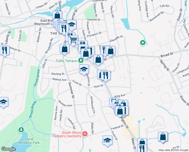 map of restaurants, bars, coffee shops, grocery stores, and more near 30 Common Street in Weymouth