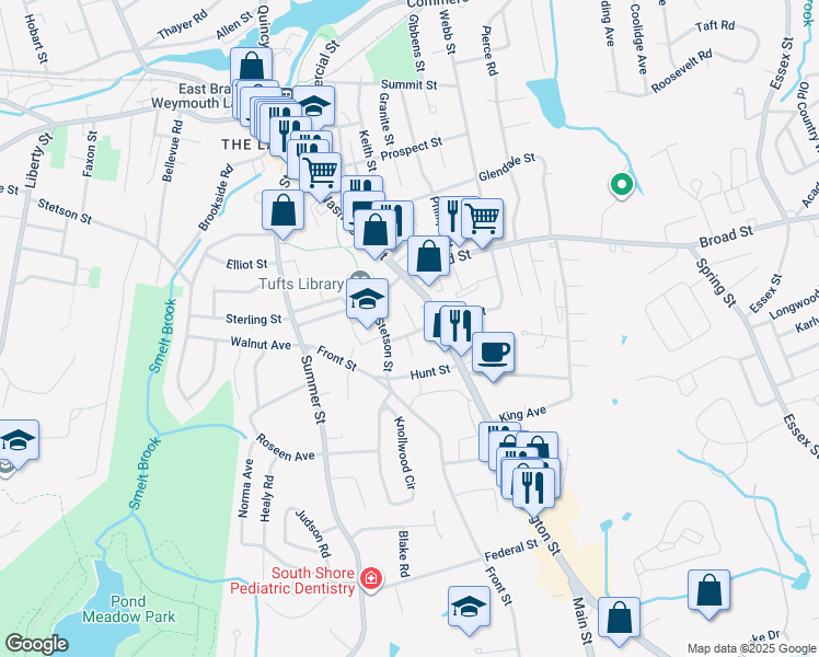 map of restaurants, bars, coffee shops, grocery stores, and more near 30 Common Street in Weymouth