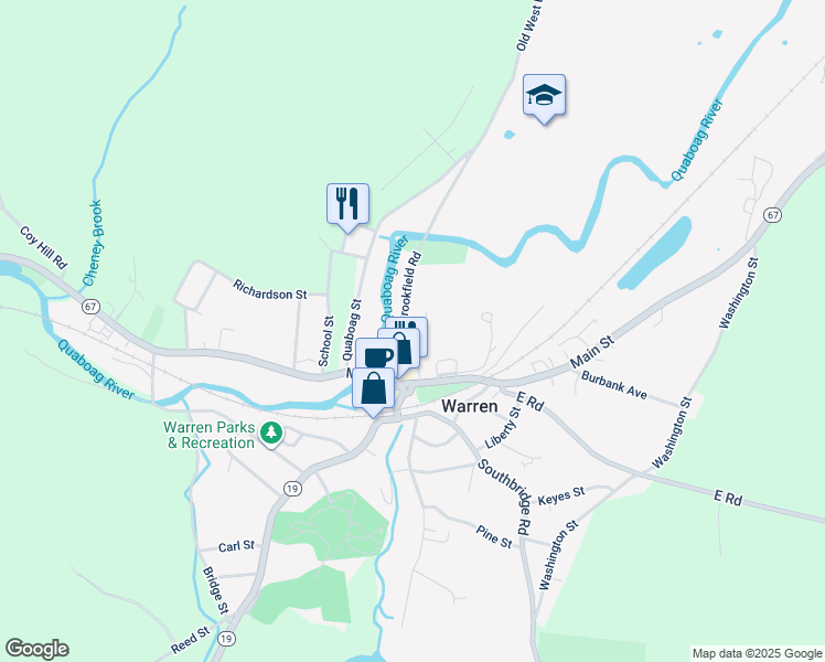 map of restaurants, bars, coffee shops, grocery stores, and more near 18 Old West Brookfield Road in Warren