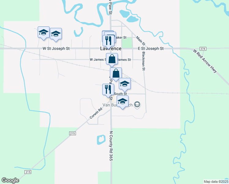 map of restaurants, bars, coffee shops, grocery stores, and more near 439 South Paw Paw Street in Lawrence