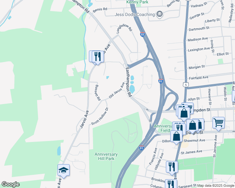 map of restaurants, bars, coffee shops, grocery stores, and more near 16 Old Jarvis Avenue in Holyoke