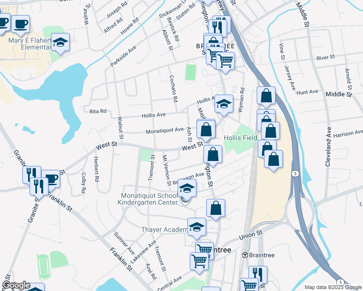 map of restaurants, bars, coffee shops, grocery stores, and more near 55 West Street in Braintree