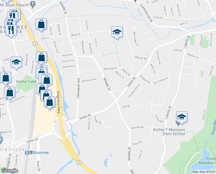map of restaurants, bars, coffee shops, grocery stores, and more near 365 Middle Street in Braintree