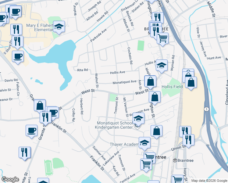 map of restaurants, bars, coffee shops, grocery stores, and more near 121 West Street in Braintree