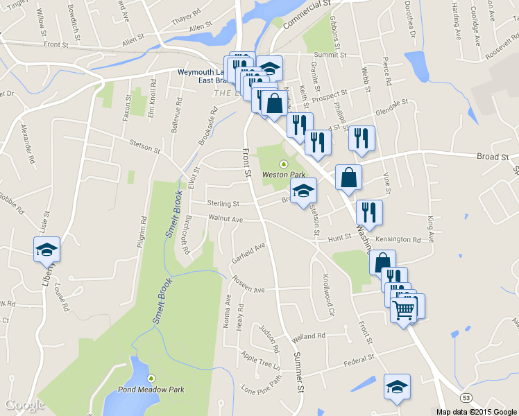 map of restaurants, bars, coffee shops, grocery stores, and more near 121 Front Street in Weymouth