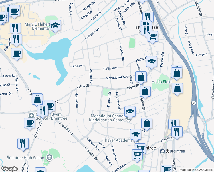 map of restaurants, bars, coffee shops, grocery stores, and more near 121 West Street in Braintree