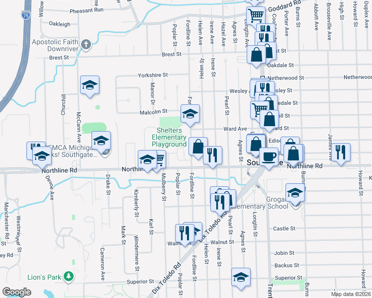 map of restaurants, bars, coffee shops, grocery stores, and more near 14536 Northline Road in Southgate
