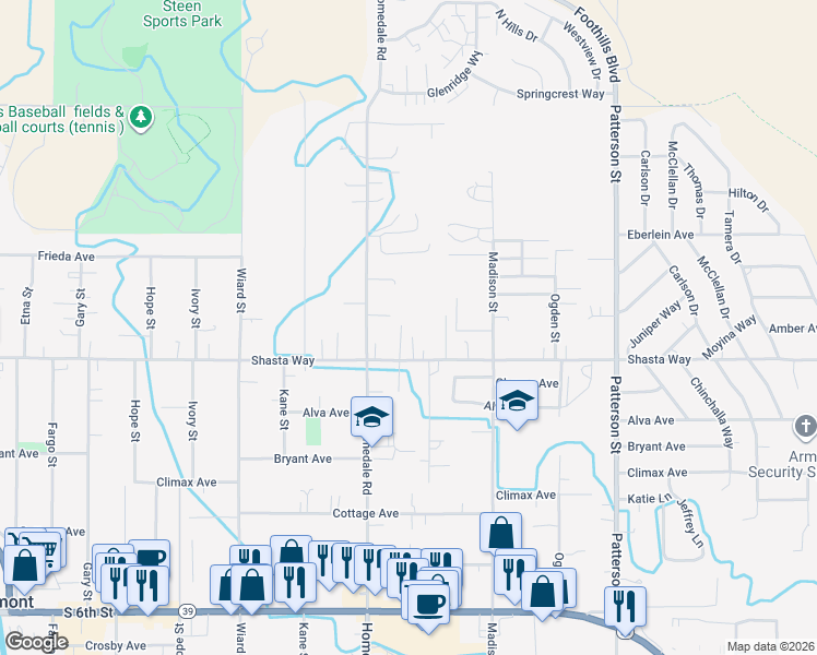map of restaurants, bars, coffee shops, grocery stores, and more near 5575 Shasta Way in Klamath Falls