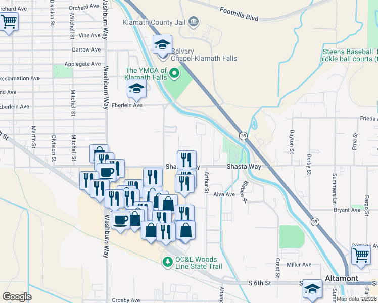 map of restaurants, bars, coffee shops, grocery stores, and more near 1633 Austin Street in Klamath Falls