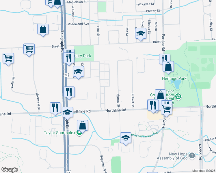 map of restaurants, bars, coffee shops, grocery stores, and more near 12856 Murray Street in Taylor