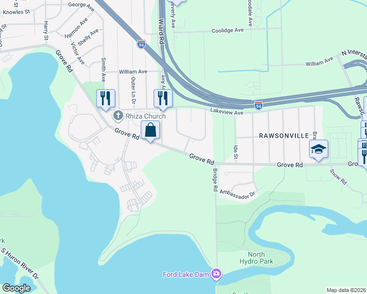 map of restaurants, bars, coffee shops, grocery stores, and more near 2511 South Grove Street in Ypsilanti