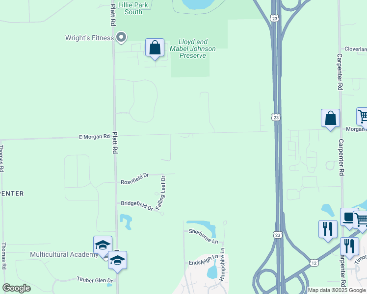 map of restaurants, bars, coffee shops, grocery stores, and more near 3260 East Morgan Road in Ann Arbor