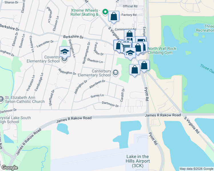 map of restaurants, bars, coffee shops, grocery stores, and more near 938 Canterbury Drive in Crystal Lake