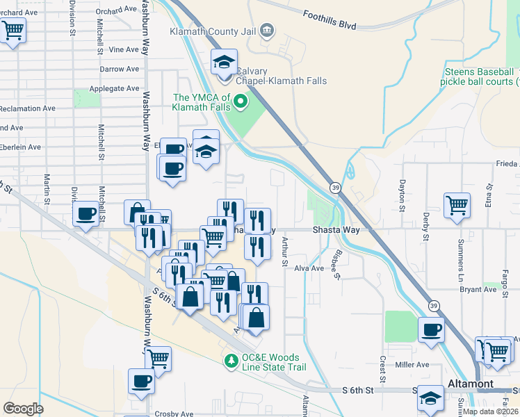 map of restaurants, bars, coffee shops, grocery stores, and more near 1633 Austin Street in Klamath Falls