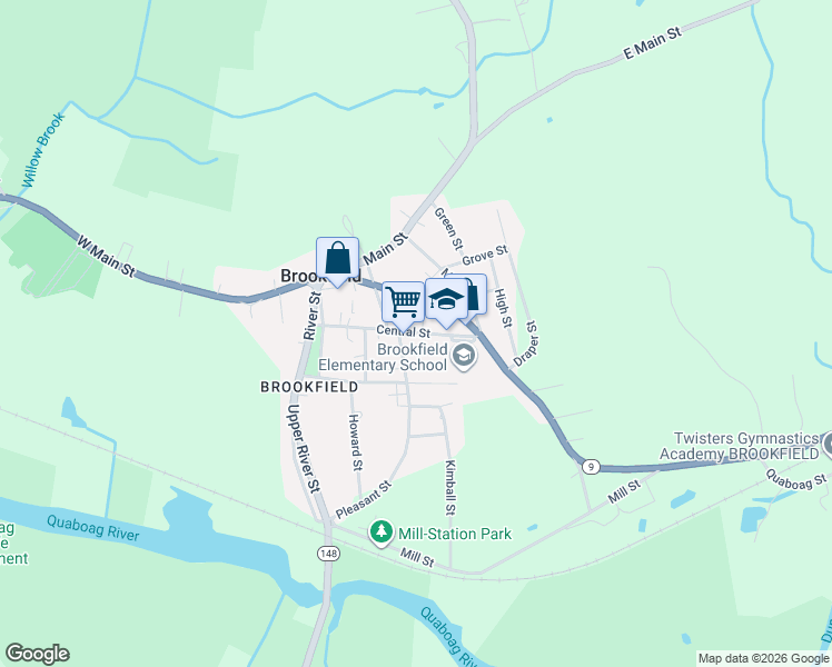 map of restaurants, bars, coffee shops, grocery stores, and more near 23 Central Street in Brookfield