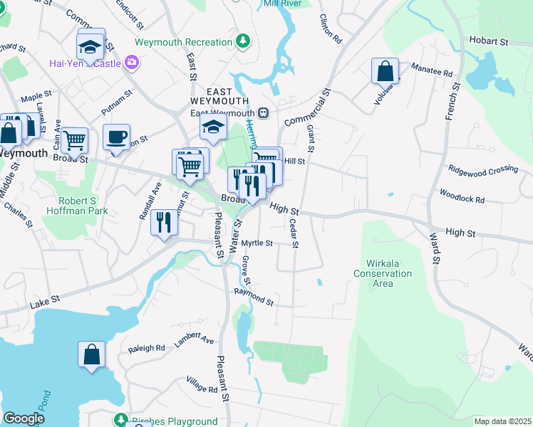 map of restaurants, bars, coffee shops, grocery stores, and more near 8 School Street in Weymouth