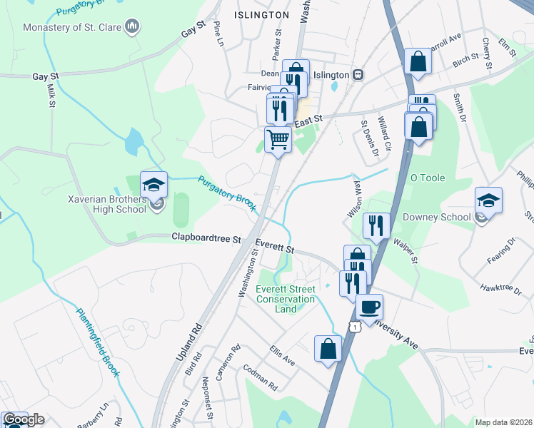 map of restaurants, bars, coffee shops, grocery stores, and more near 436 Washington Street in Westwood