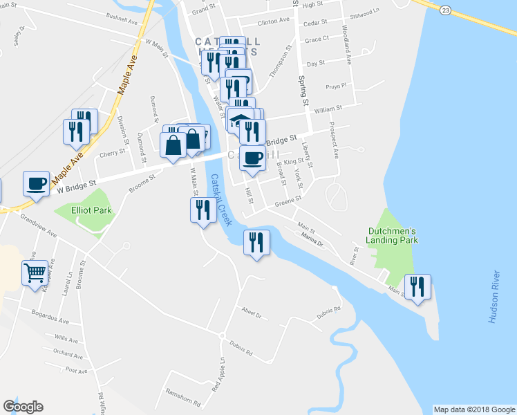 map of restaurants, bars, coffee shops, grocery stores, and more near 253 Main Street in Catskill